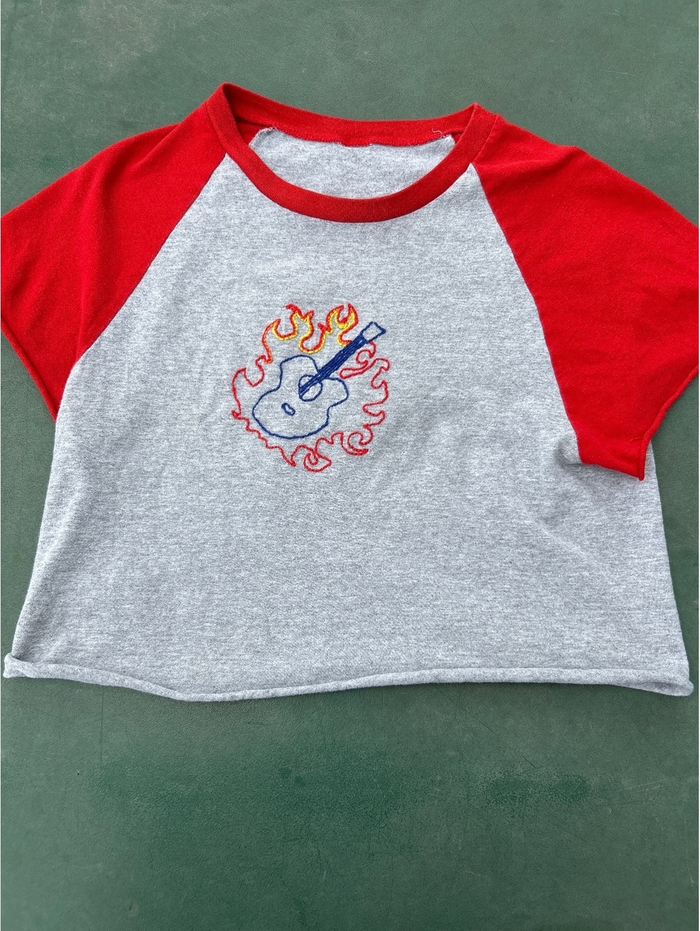 Women's- jrs Red and Gray Raglan Crop Top with Guitar Flame Embroidery